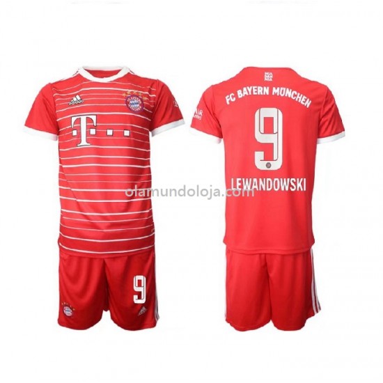 Camisola Bayern de Munique Lewandowski 9 Criança Equipamento Primeiro 2022-2023 Manga Corta